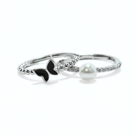 Silver Layered Butterfly Ring with Zircons & Pearl