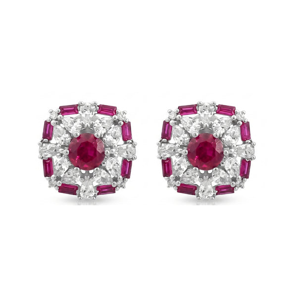 925 Silver Ruby Floral Halo Stud Earrings