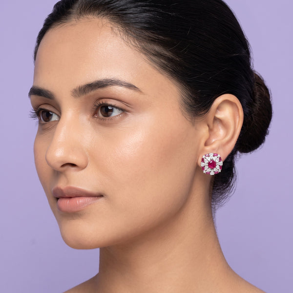 925 Silver Ruby Floral Halo Stud Earrings
