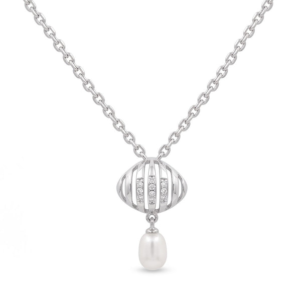 925 Sterling Silver Freshwater Pearls Openwork Drop Pendant Necklace