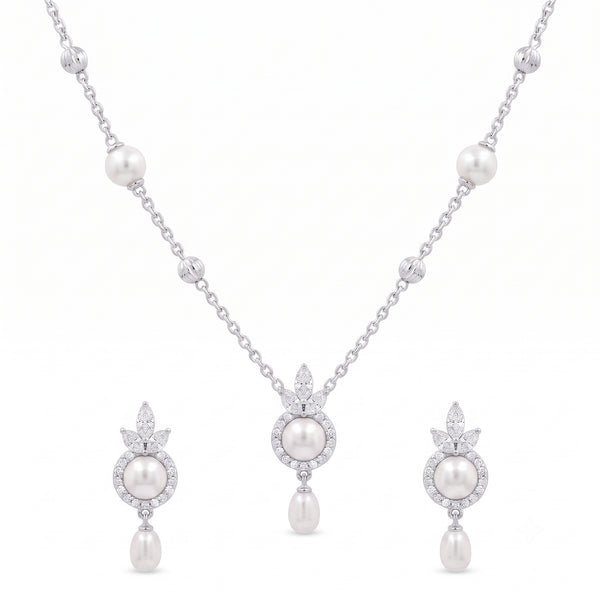 925 Sterling Silver Freshwater Pearls Floral Halo Drop Pendant Necklace