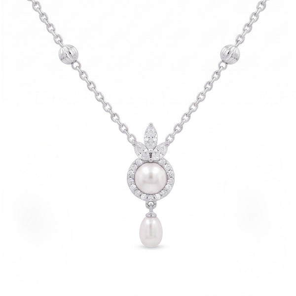 925 Sterling Silver Freshwater Pearls Floral Halo Drop Pendant Necklace