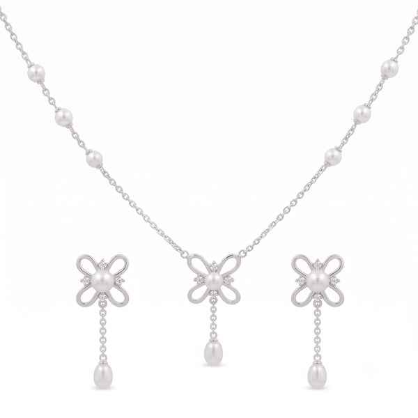 925 Sterling Silver Freshwater Pearls Flower Drop Pendant Necklace