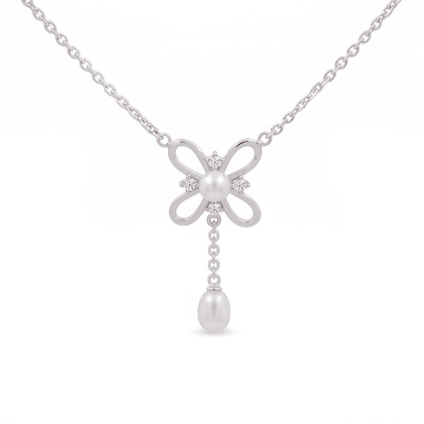 925 Sterling Silver Freshwater Pearls Flower Drop Pendant Necklace