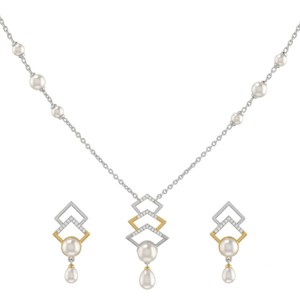 925 Sterling Silver Freshwater Pearls Geometric Drop Pendant Necklace