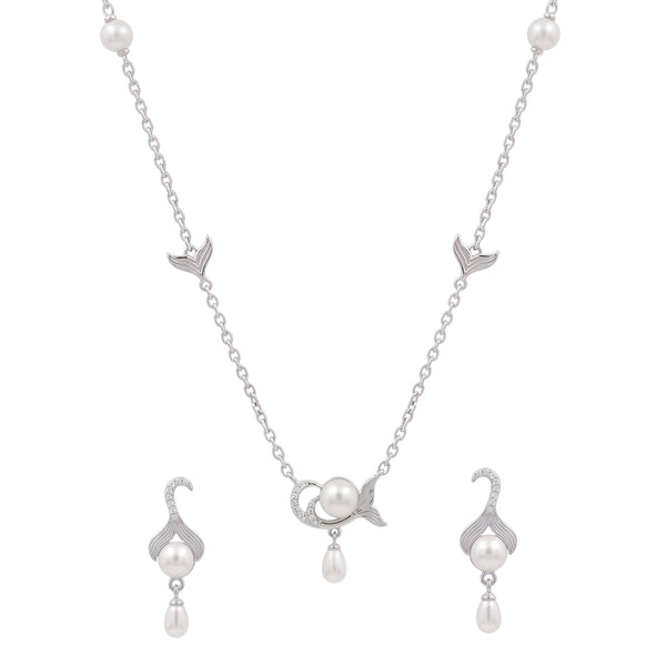 925 Sterling Silver Freshwater Pearls Mermaid Tail Drop Pendant Necklace