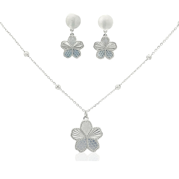 925 Silver Floral Pendant Necklace & Earrings Set – Elegant Textured Flower Jewelry for Women