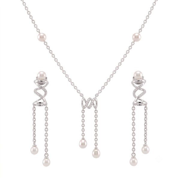 925 Sterling Silver Freshwater Pearls Spiral Tassel Pendant Necklace & Drop Earrings Jewelry Set