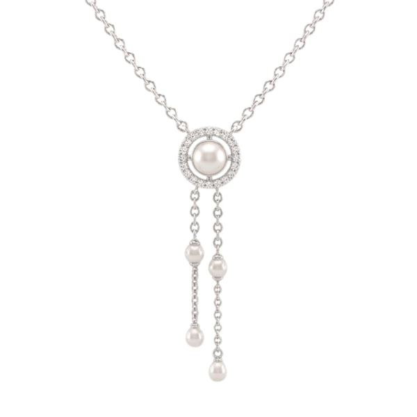 925 Sterling Silver Freshwater Pearls Halo Tassel Pendant Necklace & Drop Earrings Jewelry Set
