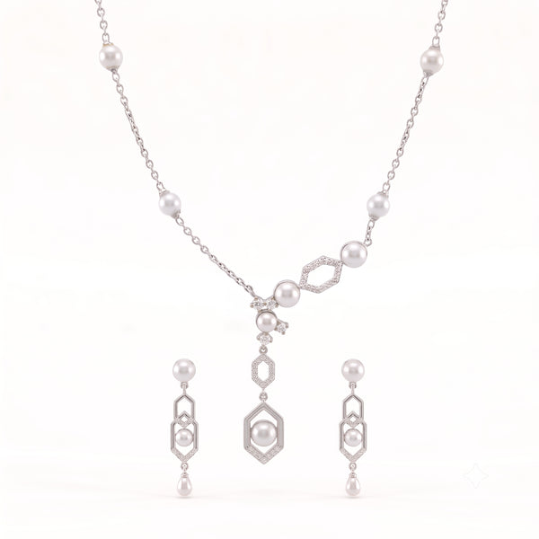 925 Sterling Silver Freshwater Pearls Geometric Pendant Necklace & Drop Earrings Jewelry Set