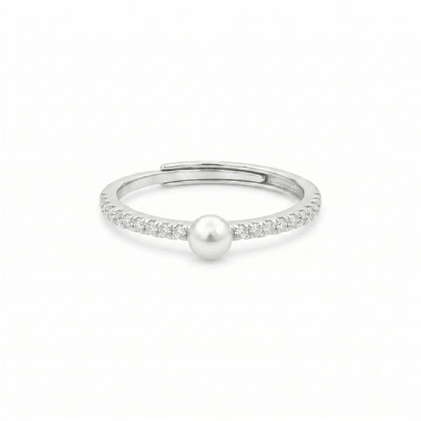 925 Sterling Silver Pearl Ring – Adjustable CZ Accent Minimalist Ring for Women