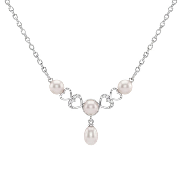 925 Sterling Silver Freshwater Pearls Double Heart Pendant Necklace & Drop Earrings Jewelry Set