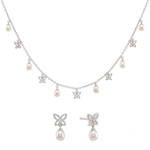 925 Sterling Silver Freshwater Pearl Butterfly Station Necklace & Drop Earrings Jewelry Set