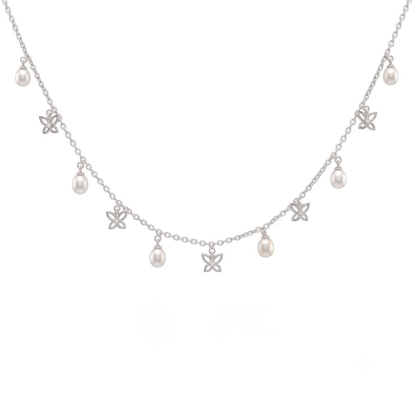 925 Sterling Silver Freshwater Pearl Butterfly Station Necklace & Drop Earrings Jewelry Set