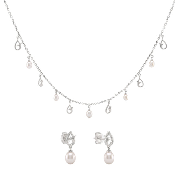 925 Sterling Silver Freshwater Pearl Tulip Charm Station Necklace & Drop Earrings Jewelry Set