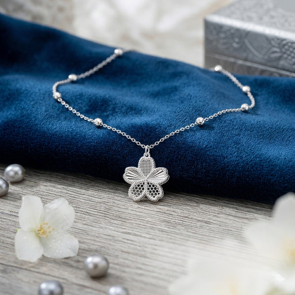 925 Silver Floral Pendant Necklace & Earrings Set – Elegant Textured Flower Jewelry for Women