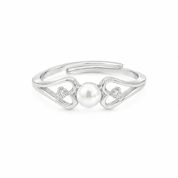 925 Sterling Silver Double Heart Adjustable Ring with Freshwater Pearl
