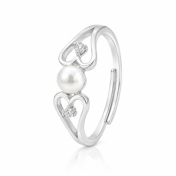 925 Sterling Silver Double Heart Adjustable Ring with Freshwater Pearl