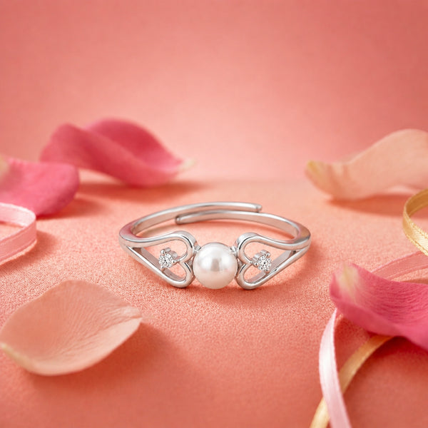 925 Sterling Silver Double Heart Adjustable Ring with Freshwater Pearl