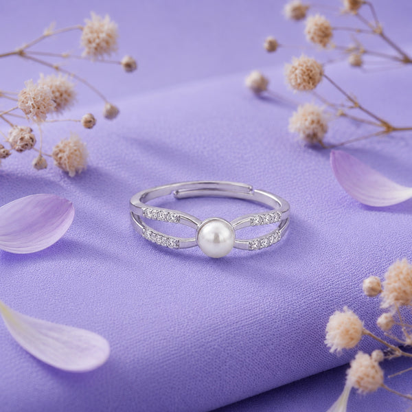 925 Sterling Silver Double Band Adjustable Ring with Freshwater Pearl
