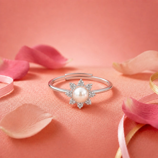 925 Sterling Silver Sunburst Adjustable Ring with Freshwater Pearl