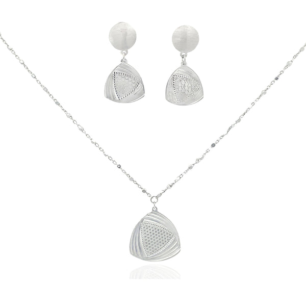 925 Silver Textured Triangle Pendant Necklace & Earrings Set – Minimalist Geometric Jewelry for Women