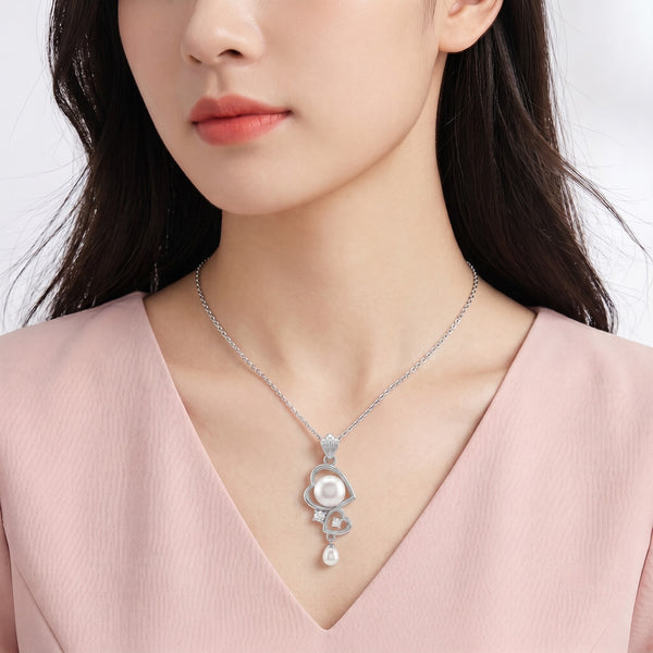 925 Sterling Silver Double Heart Pearl Drop Pendant