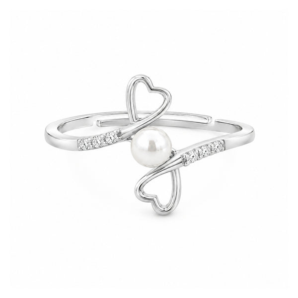 925 Sterling Silver Pearl Double Heart Adjustable Ring
