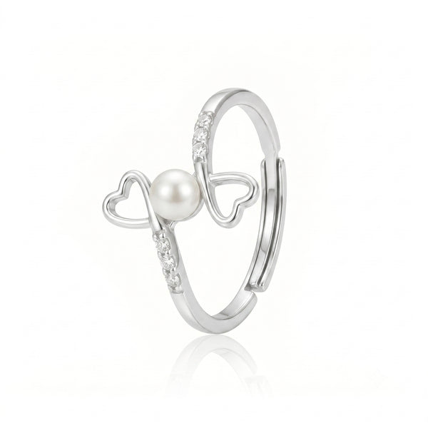 925 Sterling Silver Pearl Double Heart Adjustable Ring