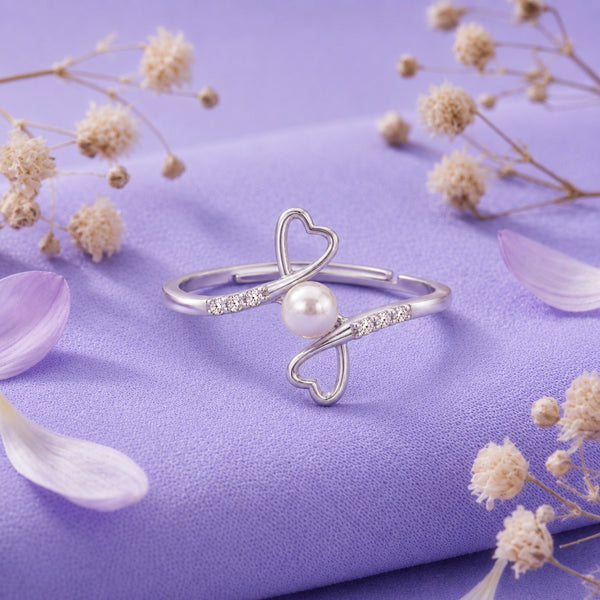 925 Sterling Silver Pearl Double Heart Adjustable Ring