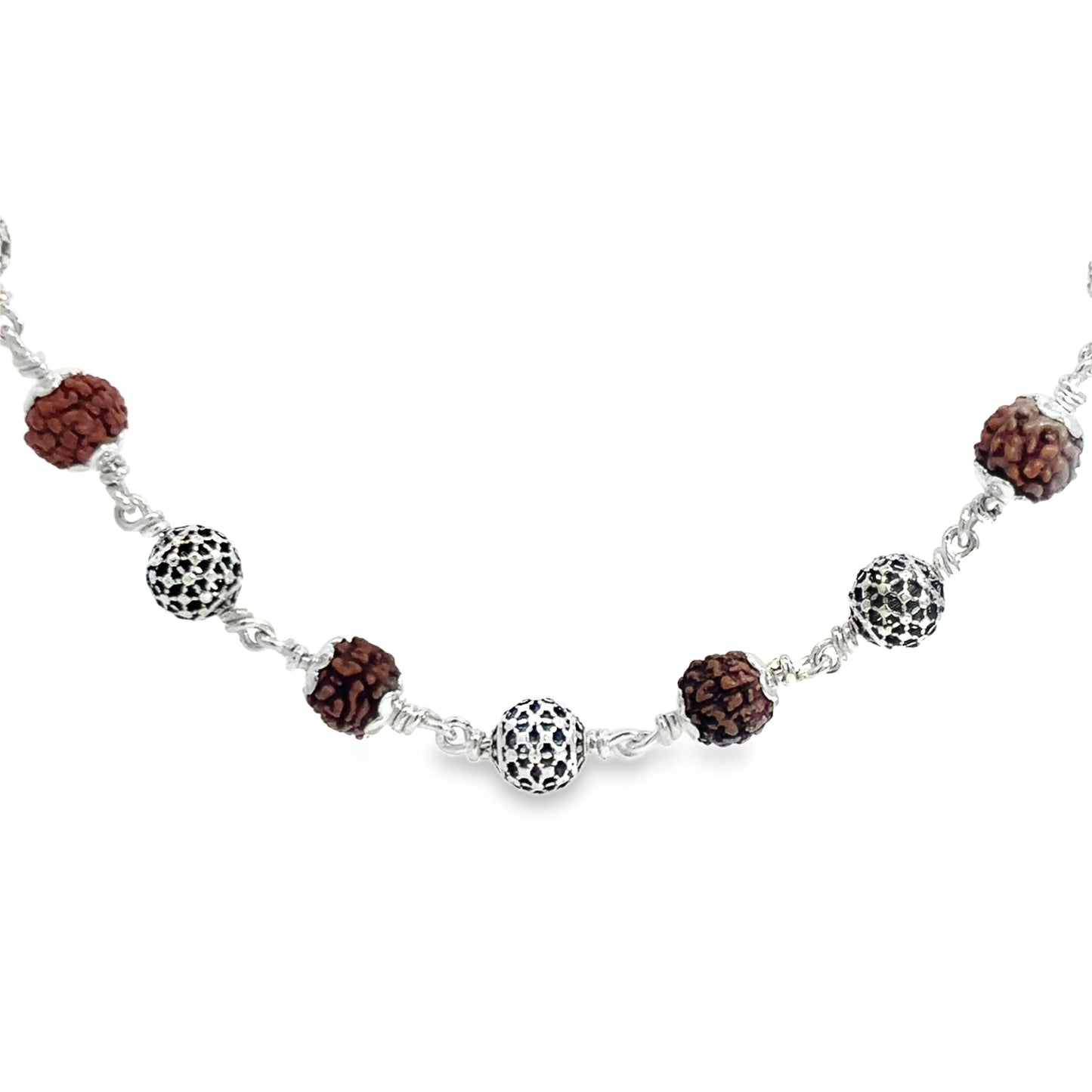 Silver Beaded Necklace with Rudraksha Accent