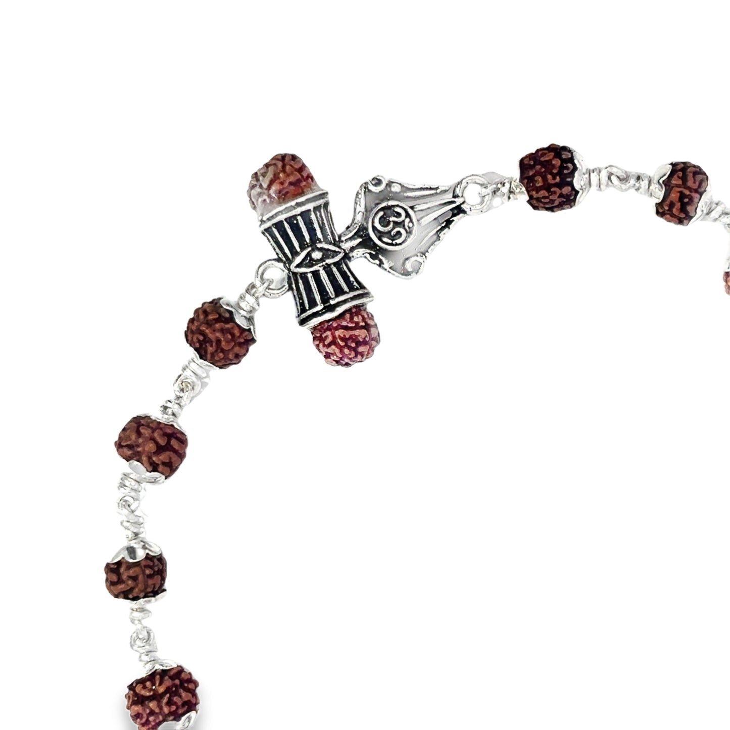 Rudraksha and Silver Beaded Bracelet with Shiva Trishul Pendant