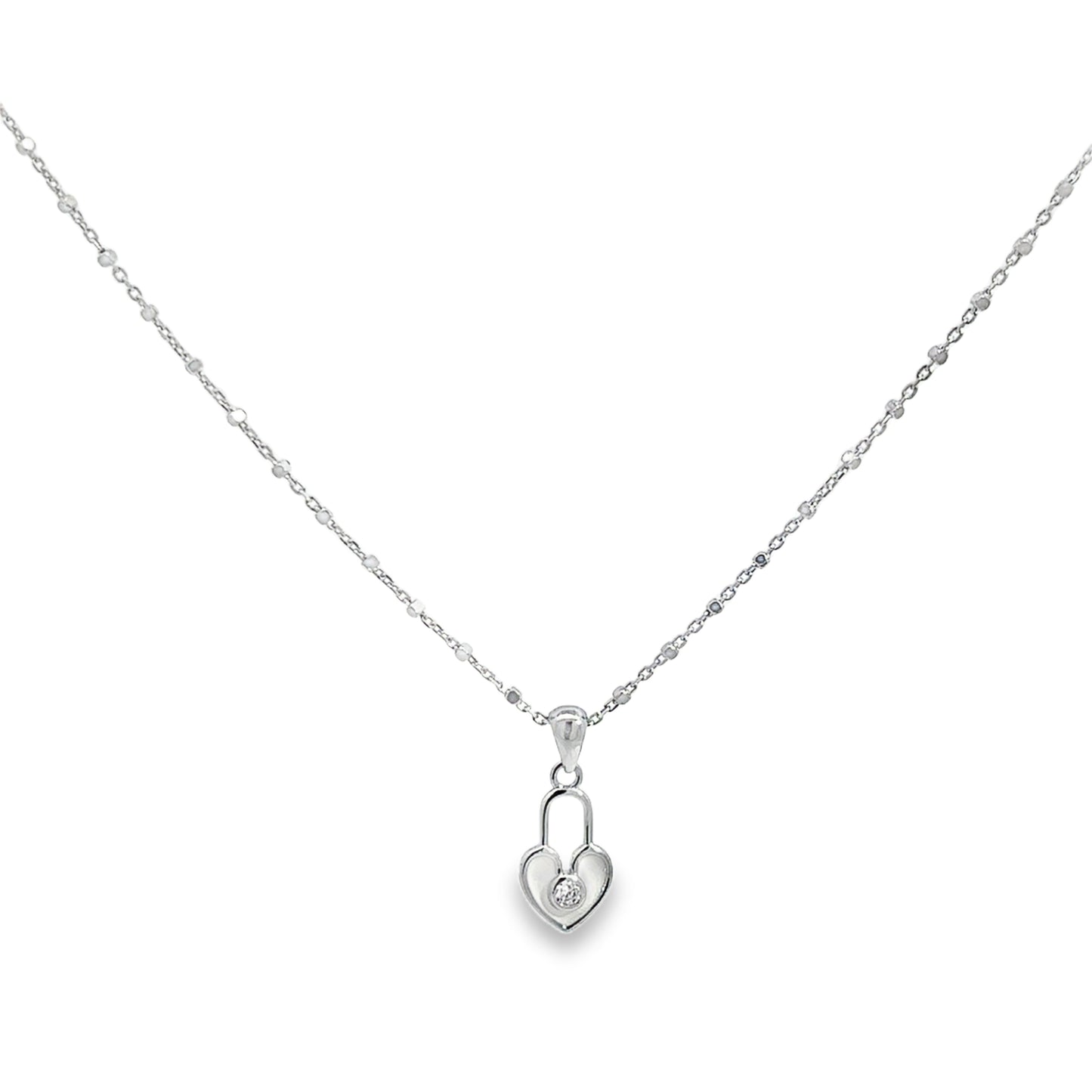 Silver Heart Lock Pendant Necklace with Round Diamond