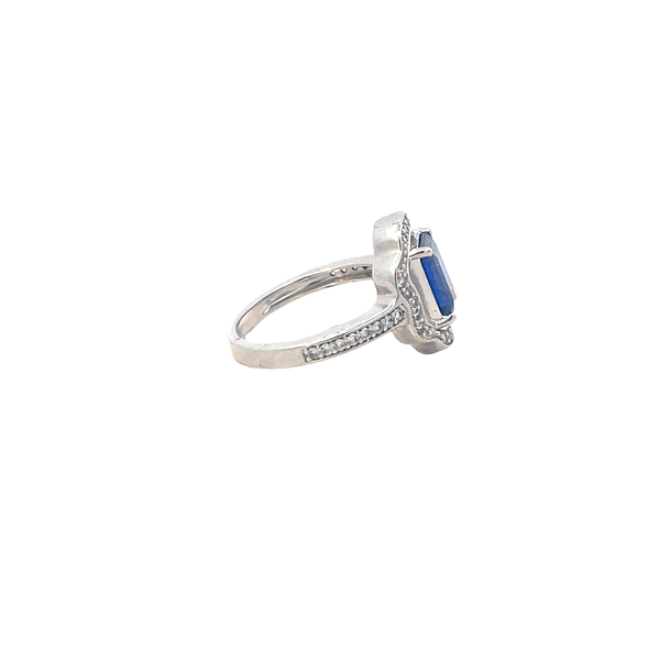 Elegant Emerald-Cut Blue Sapphire and Diamond Cocktail Ring in White Gold