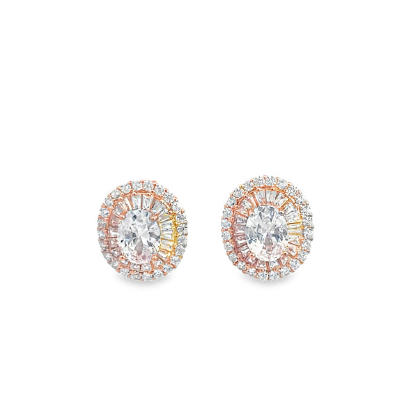 925 Silver Oval Halo Stud Earrings in Rose Finish