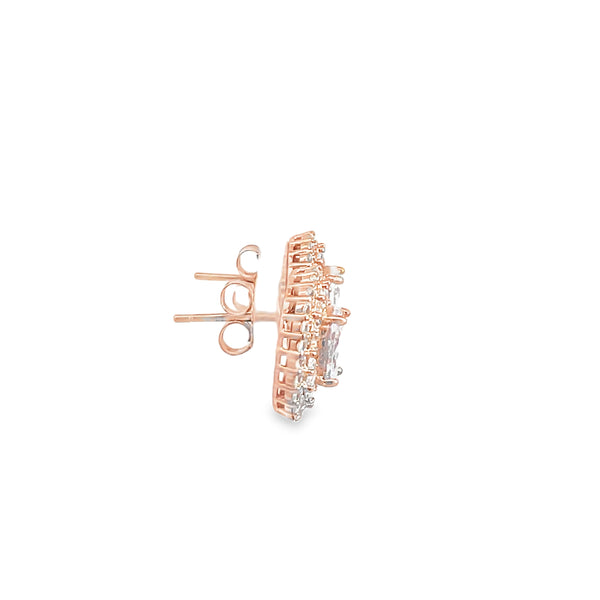 925 Silver Oval Halo Stud Earrings in Rose Finish