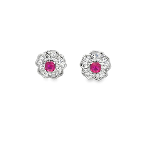 Cushion-Cut Ruby Stud Earrings in White Gold