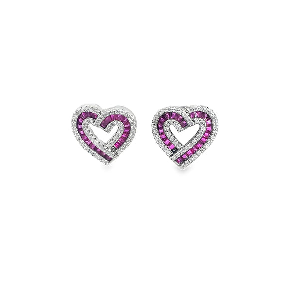 925 Silver Double Heart Ruby Stud Earrings