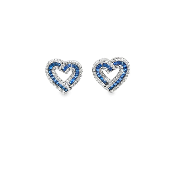 925 Silver Blue Sapphire Double Heart Stud Earrings