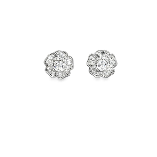 Cushion Cut Diamond Halo Cluster Earrings in White Gold