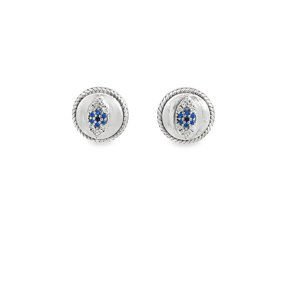 Round Brilliant Cut Blue Sapphire Solitaire Stud Earrings in White Gold Finished Silver