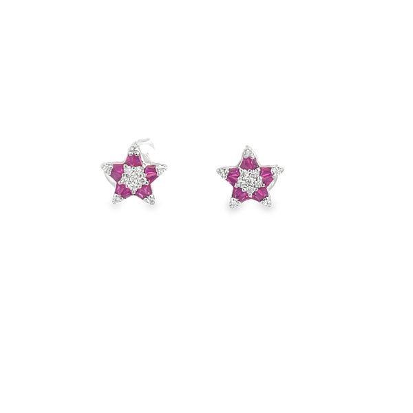 Star-Cut Red Ruby Stud Earrings in White Gold