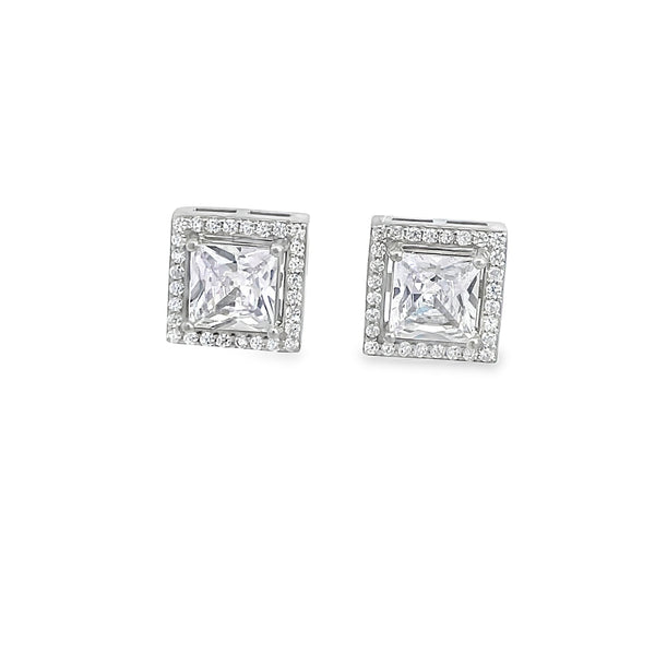 925 Sterling Silver Princess Cut Crystal Stud Earrings