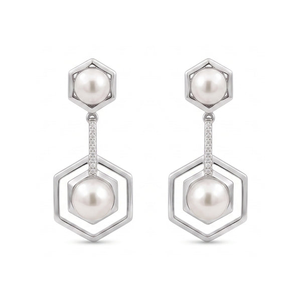 925 Sterling Silver Geometric Pearl Drop Earrings with Cubic Zirconia