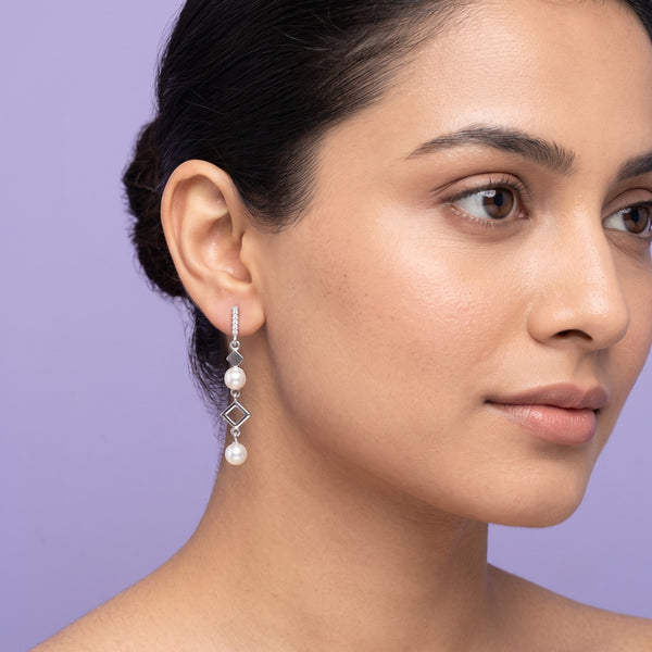 925 Sterling Silver Pearl & Geometric Drop Earrings with Cubic Zirconia