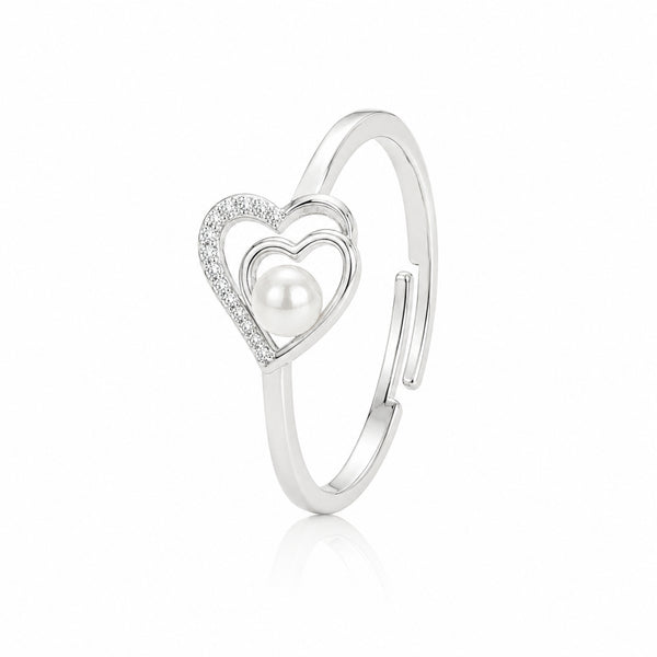 925 Sterling Silver Double Heart Pearl Ring – Adjustable Romantic Open Band with CZ Accents