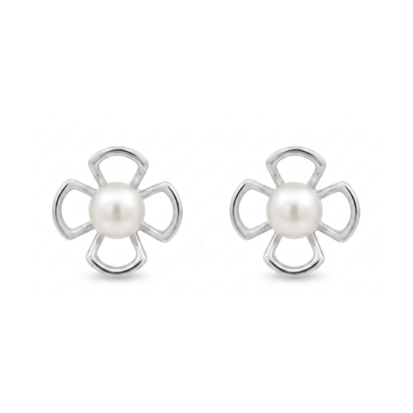 925 Silver Open Floral Freshwater Pearl Stud Earrings
