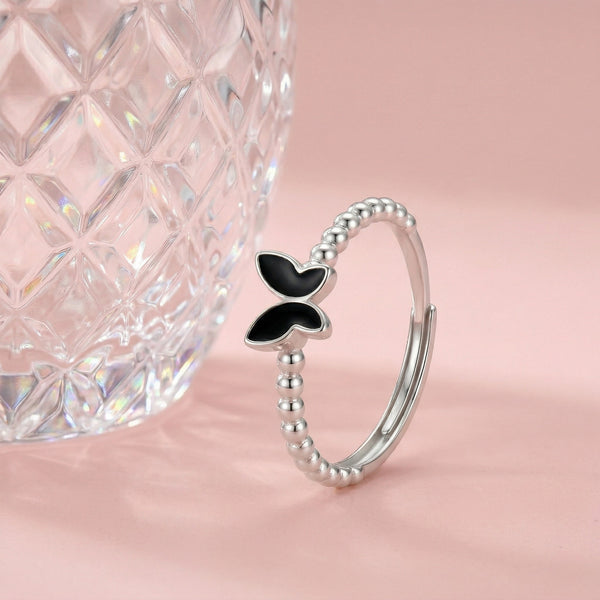 925 Sterling Silver Black Butterfly Adjustable Ring