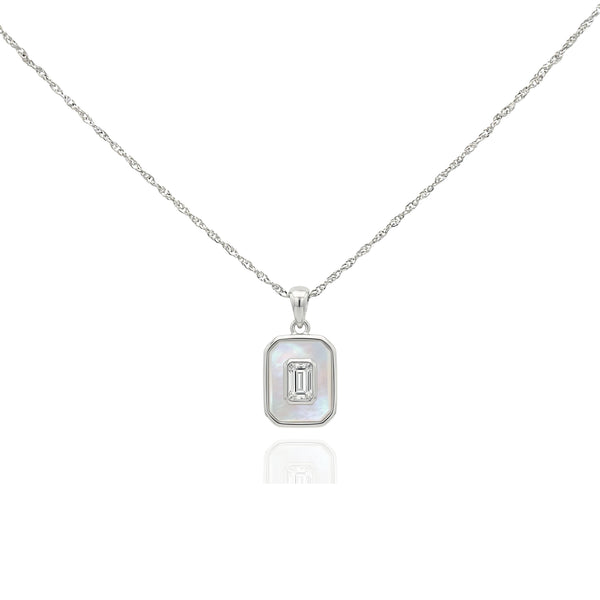 925 Silver Mother of Pearl Pendant Necklace – Minimalist Rectangular Charm with Emerald Cut Stone