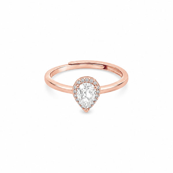 925 Sterling Silver Rose Gold Pear Halo Adjustable Ring